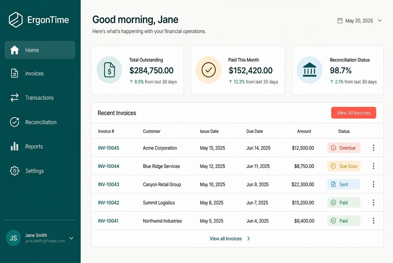 The ErgonTime home screen with a side menu, summary tiles and a recent invoices table