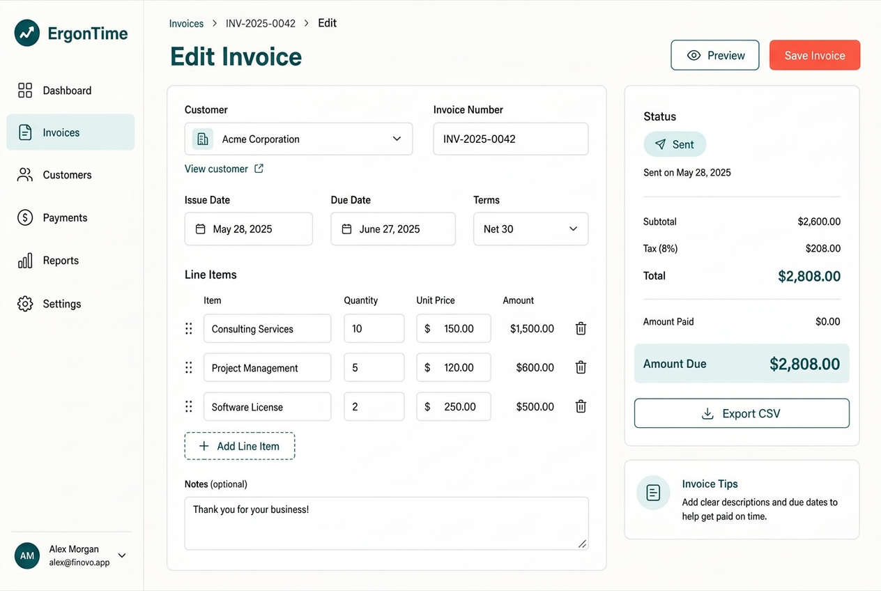 An invoice editor showing customer, dates, line items and a totals panel with status