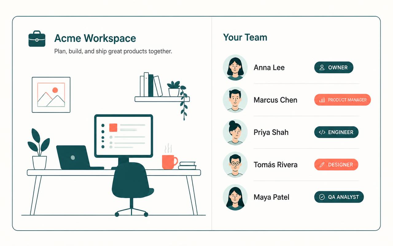 A workspace panel beside a team list where each member carries a role badge